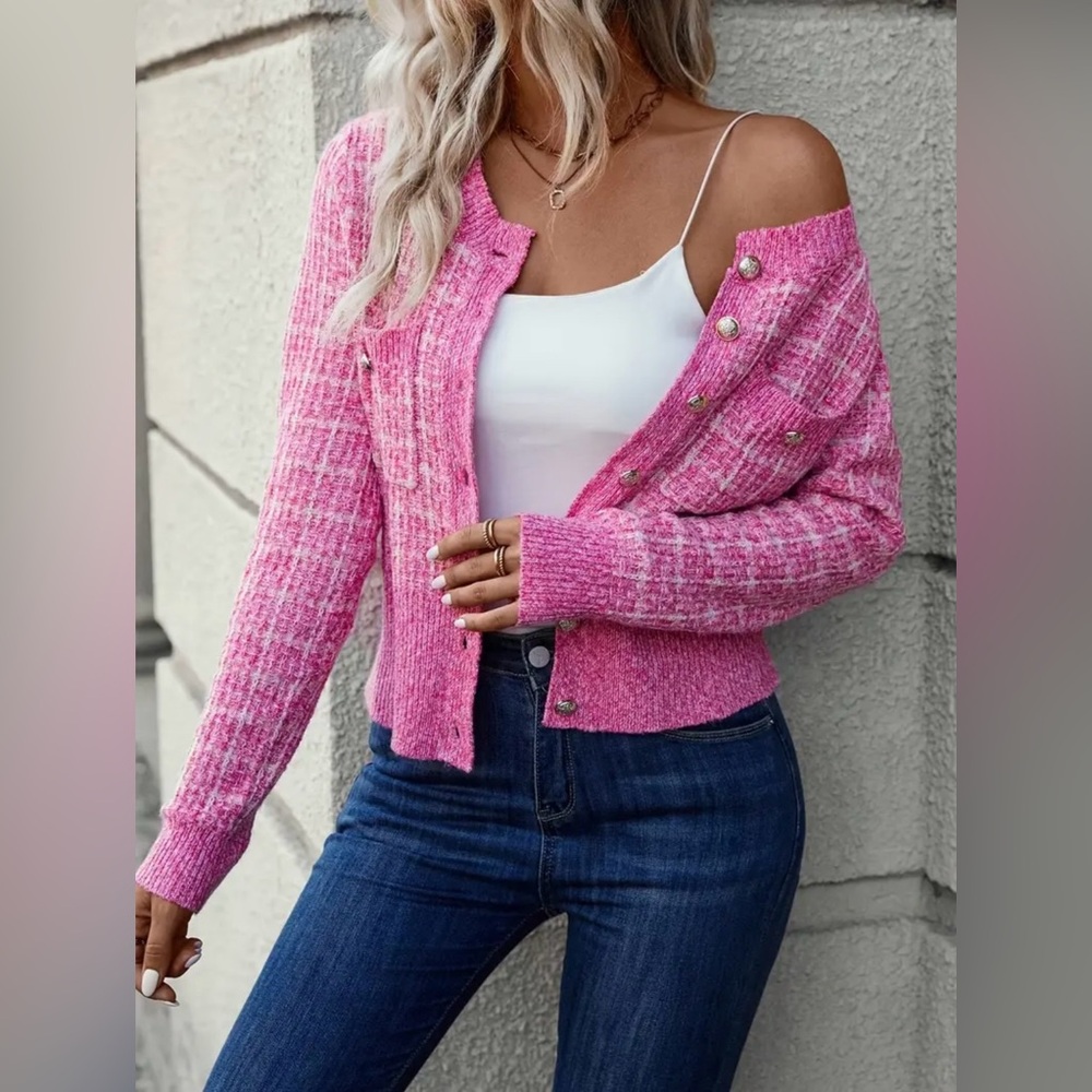 NWT. Pink and White Chunky Knit Cardigan Sweater with Gold Buttons